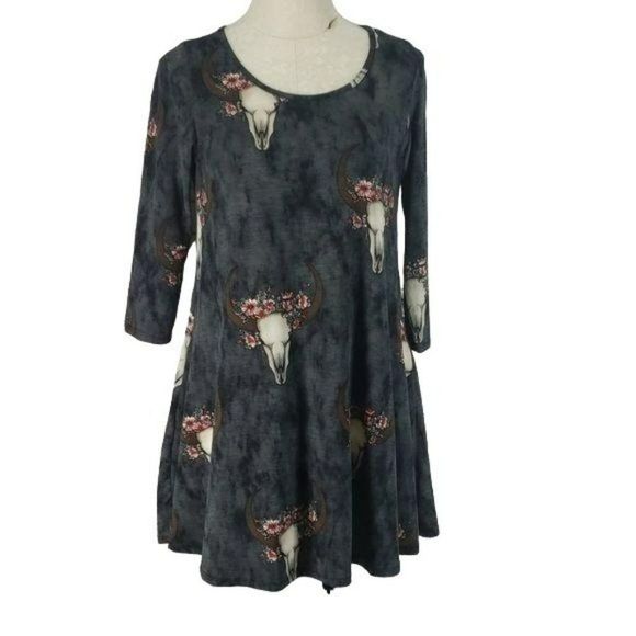 Boutique Woman's Steer Black Floral Cow horns Style Swing Pocket Dress‎ Medium - Picture 1 of 7